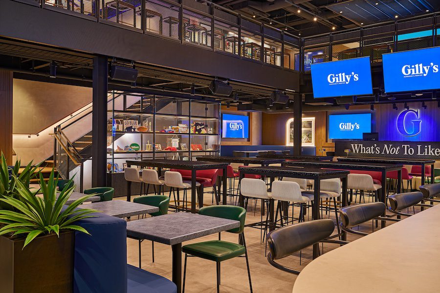 gilly's clubhouse, rooftop at gilly's, saksey's tri-level sports entertainment bar dining destination converted department store kay baum, interior tvs high top tables
